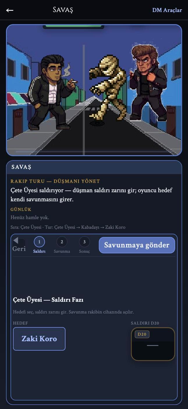 The battle arena: pixel-art sprites in a back street, with the turn order and the attack-roll panel below.