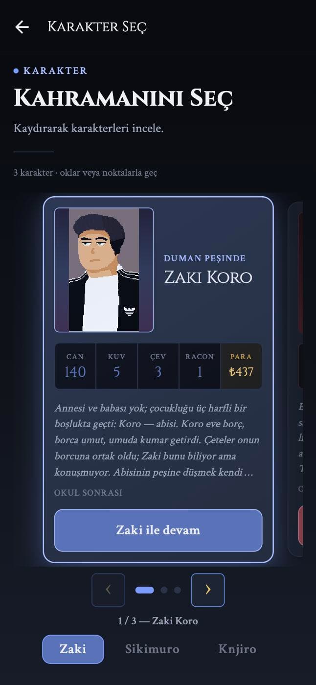 Character selection: a pixel-art portrait with health, strength, agility, honour and money, and a backstory.