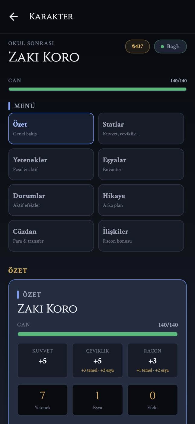 A character sheet with a health bar, a connection badge, and sections for stats, abilities, items, conditions, story, wallet and relationships.