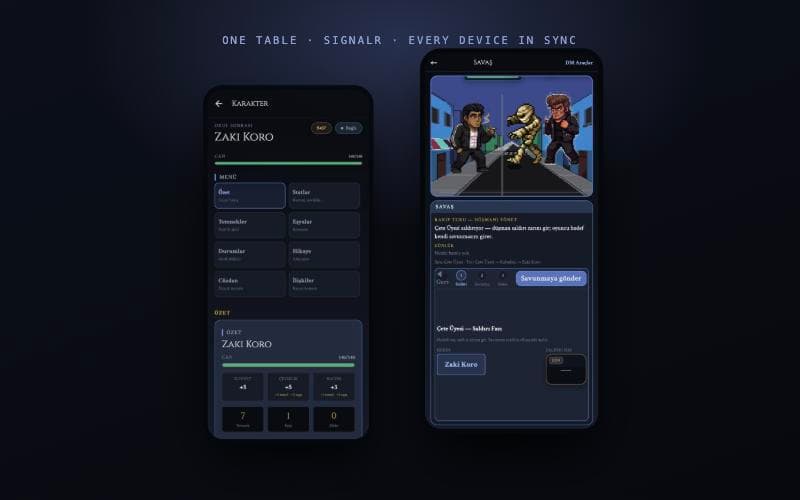 A character sheet and the pixel-art battle arena, side by side on two phones.