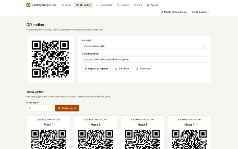 The dashboard's QR screen with a menu link, SVG and PNG downloads and printable per-table cards.