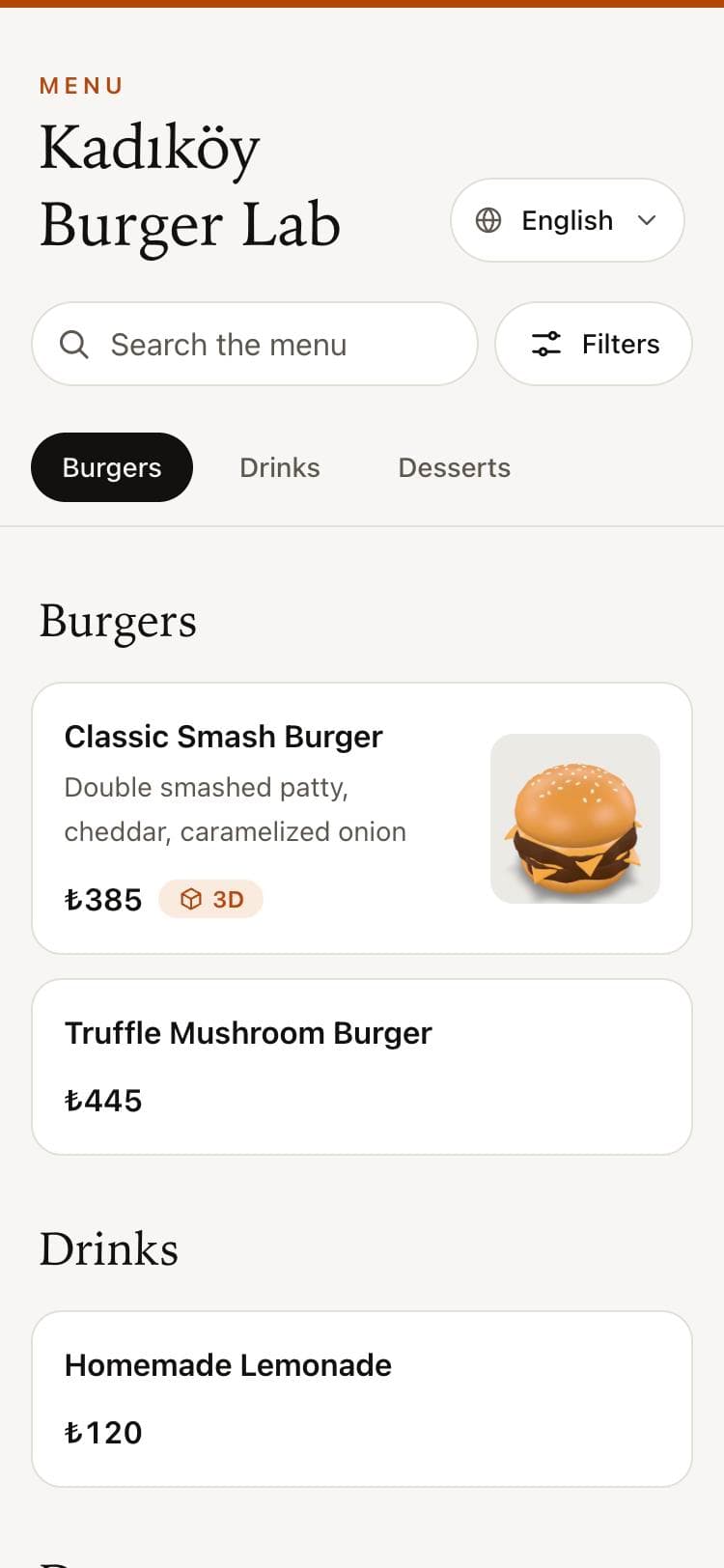 The guest menu on a phone: search, filters, categories and a dish carrying a 3D badge.