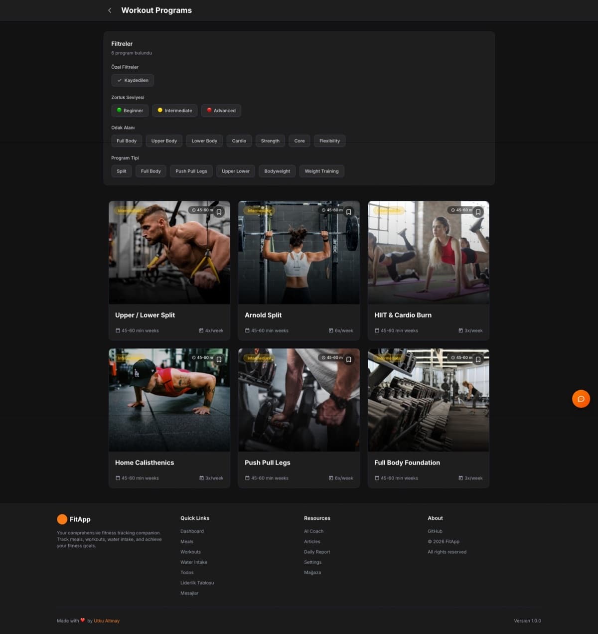 Workout programs on the web client, with exercises and progress.